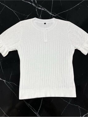 Arach & Cloz Blue Knit Sweater Women’s XL Short Sleeve Pullover Ruffle Hem NWT